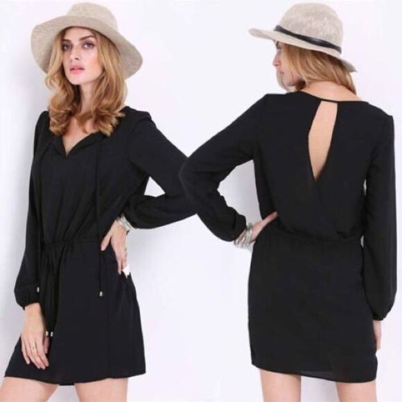 ✨HP✨Black Overalls Long Sleeve V Neck Dress✨ - Picture 1 of 4